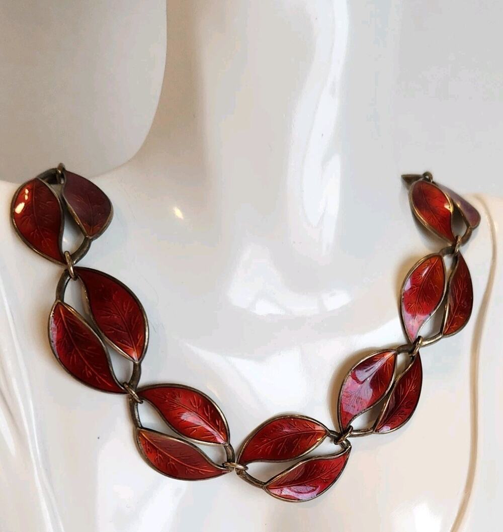 Iconic 50s DAVID ANDERSEN MCM Norway Sterling & Guilloché Enamel Leaf Necklace